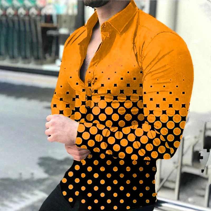 2024 Spring Men\'s Casual Long Sleeve Shirt Single Breasted Digital 3D Printed Polka Dot Lapel Shirt 6XL Party Shirt 14 Colors