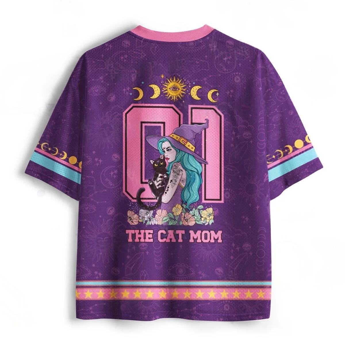 The Cat Mom Witch Black Cat Number 01 Football Jersey Sun Moon Pentagram Purple Halloween Sports Tee