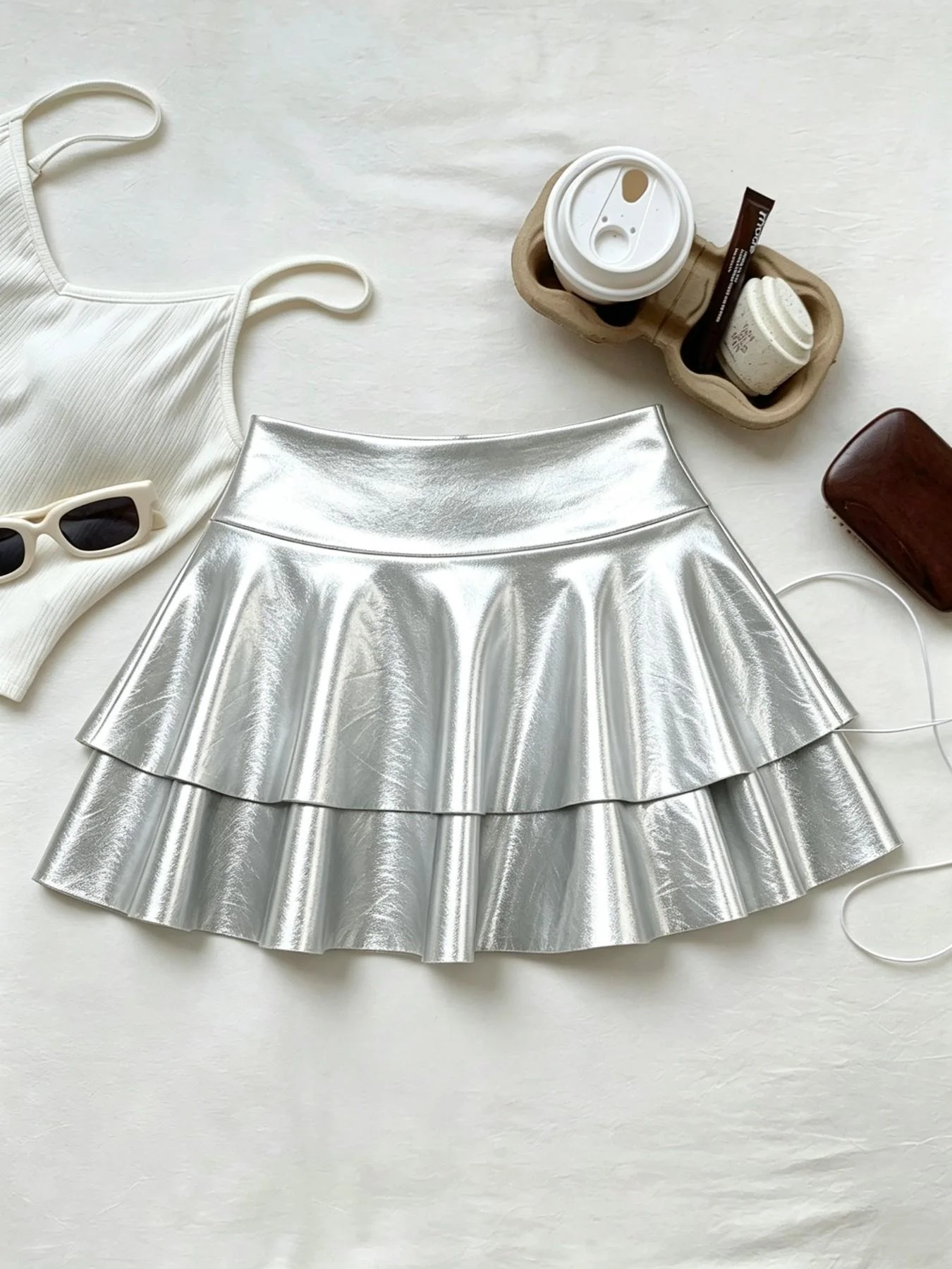 Women Metallic Layered Mini Skirt High Waist Double Ruffle Flared Short Skirt Casual Basic Bottoms