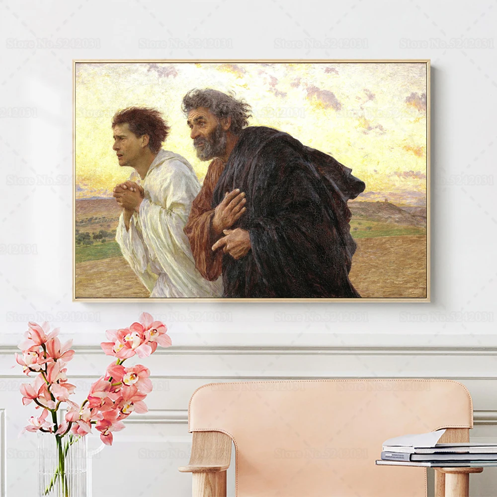 Disciples Peter and John Running To The Tomb on The Morning of The Resurrection Print Poster Canvas Painting Wall Art Decor