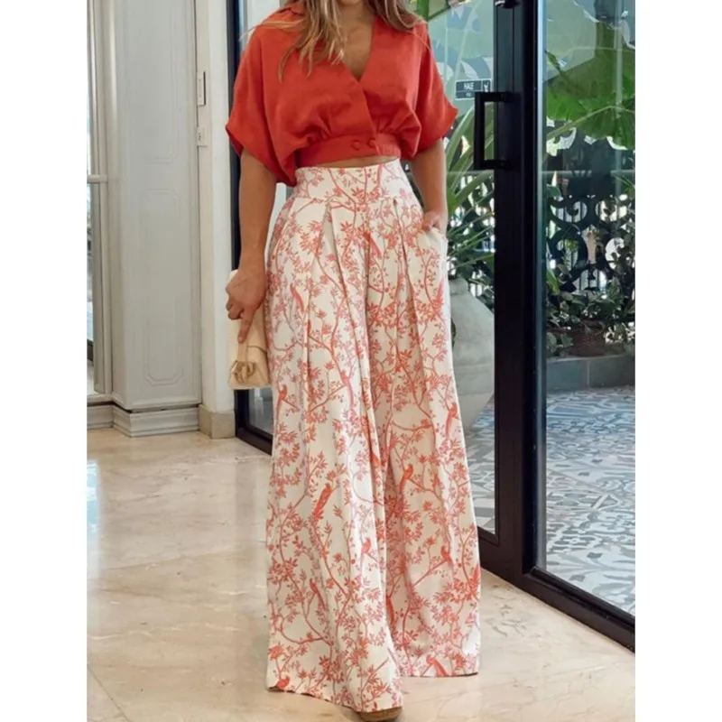 Women Bell Bottom Pants Sets Solid Color Half Sleeve V-neck Shirt Printed Top Wide Leg Pants Summer Fashion 2 Piece Set Clothing