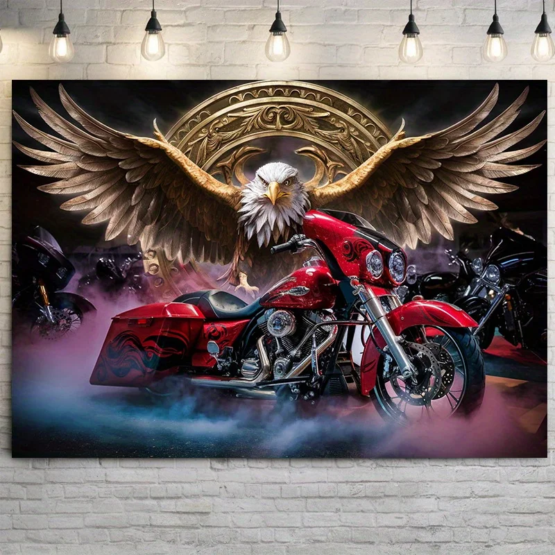 1 Piece Motorcycle & Eagle Pattern Tapestry-Polyester Material, Trendy Choice for Living Room Decoration - with Installation Kit