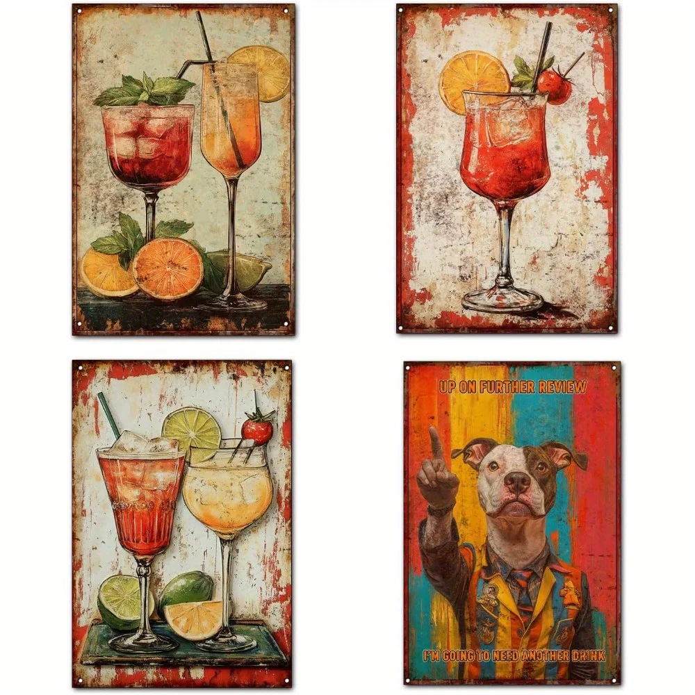 2D Flat - 4Pcss Retro Rooster Tail Metal Wall Decoration - Retro Bar Decoration With Mixed Drinks, Non-Electric Metal Sign