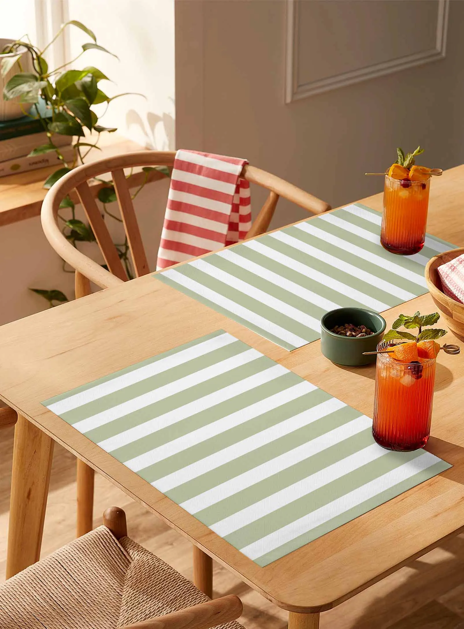 Striped Sage Green Kitchen Tableware Cup Bottle Placemat Coffee Pads 4/6pcs Desktop Mats