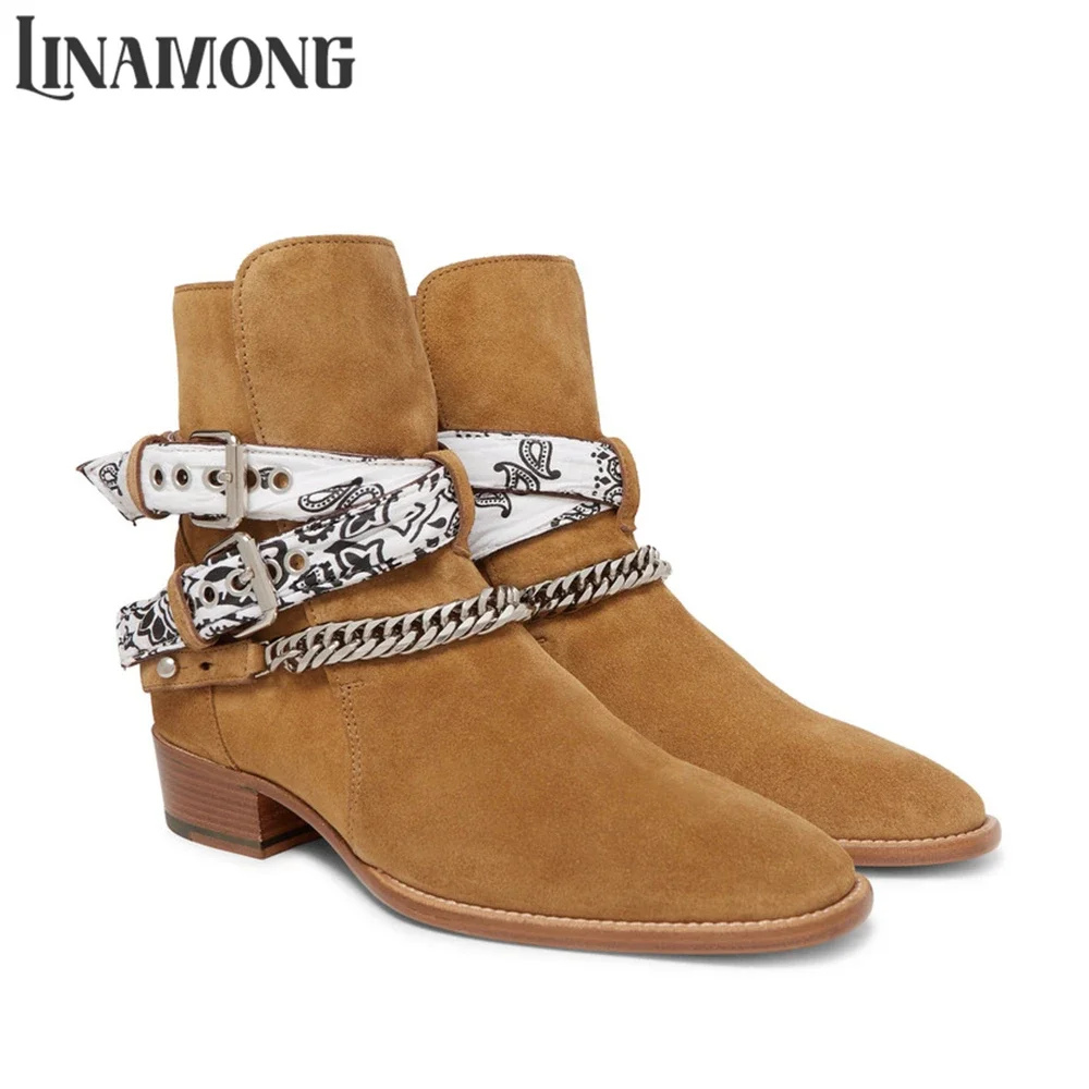 

Embellished Buckle Strap Booties British Style Suede Boots Block Low Heel Ankle Boots Customizable Multi-color Handmade Booties