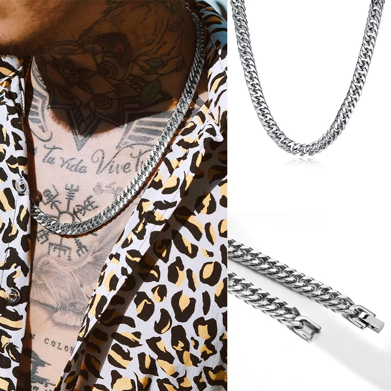 Chunky Miami Double Curb Chain Necklace for Men,Stainless Steel Curb Link Cool boy Hip Hop Chain Jewelry Gift,18/20/22/24inch