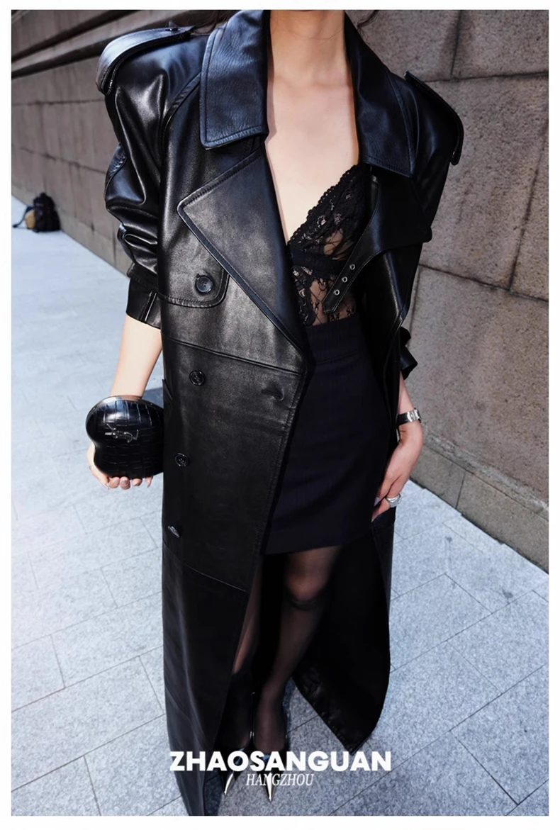 Lautaro Spring Autumn Cool Extra Long Black Loose Pu Leather Trench Coat for Women with Shoulder Pads Belt European Fashion 2024