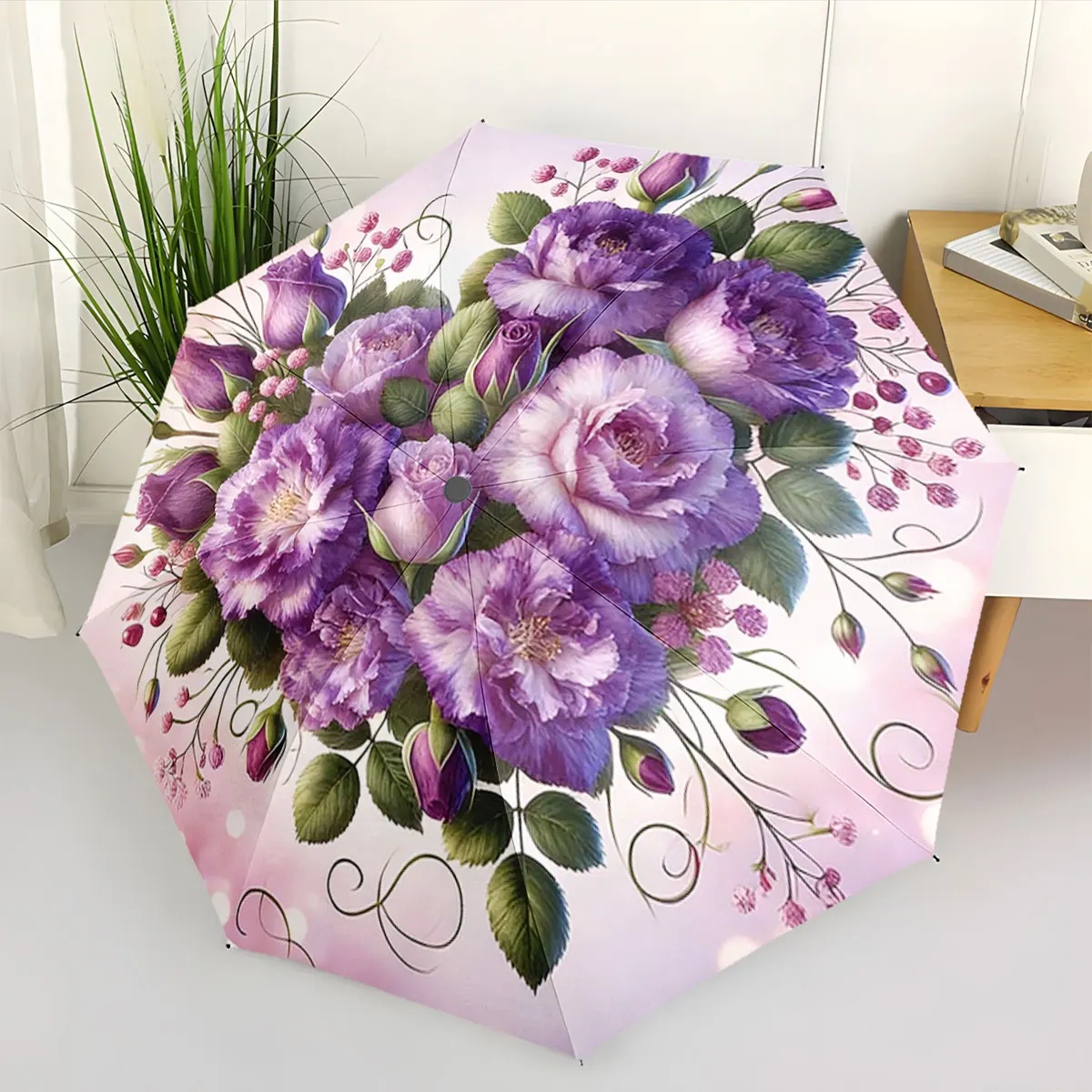 1PC Purple Blossom Umbrella: A Floral Elegance Print 8 Iron Ribs Folding Umbrella Auto-Open Fashion Sunshade