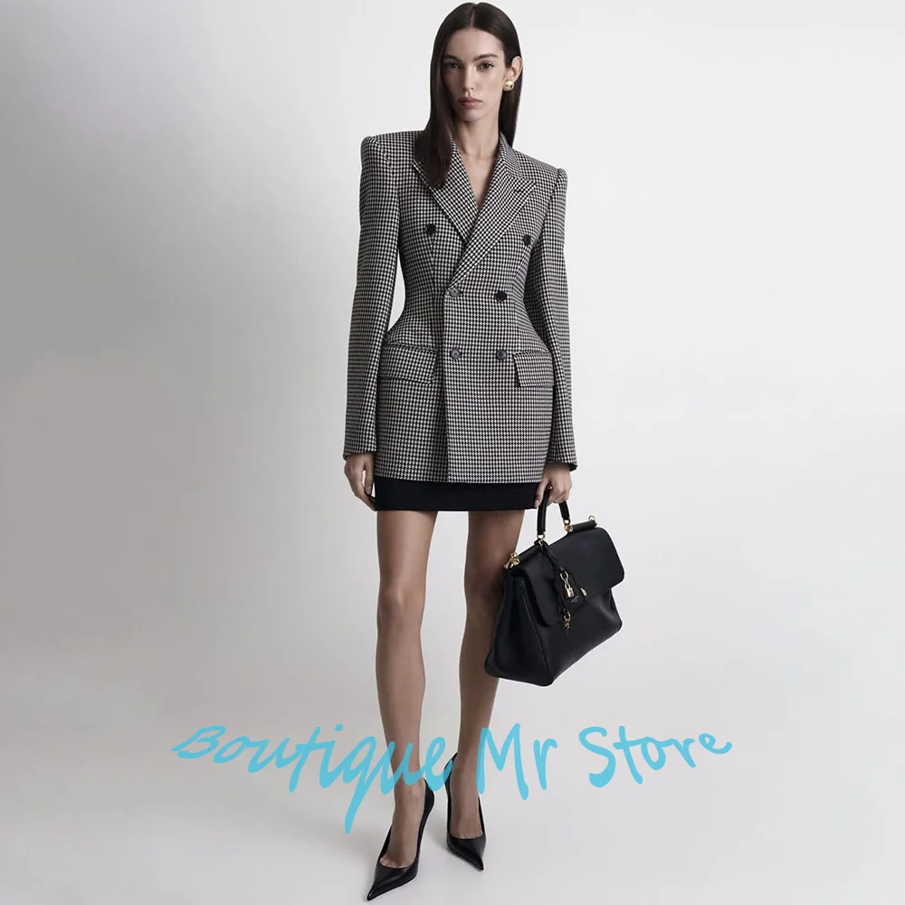 Women's Houndstooth Jacket Double-Breasted Slim Fit Two Piece Blazer+Skirt Suit Set Modern Outfit for Office & Evening Party