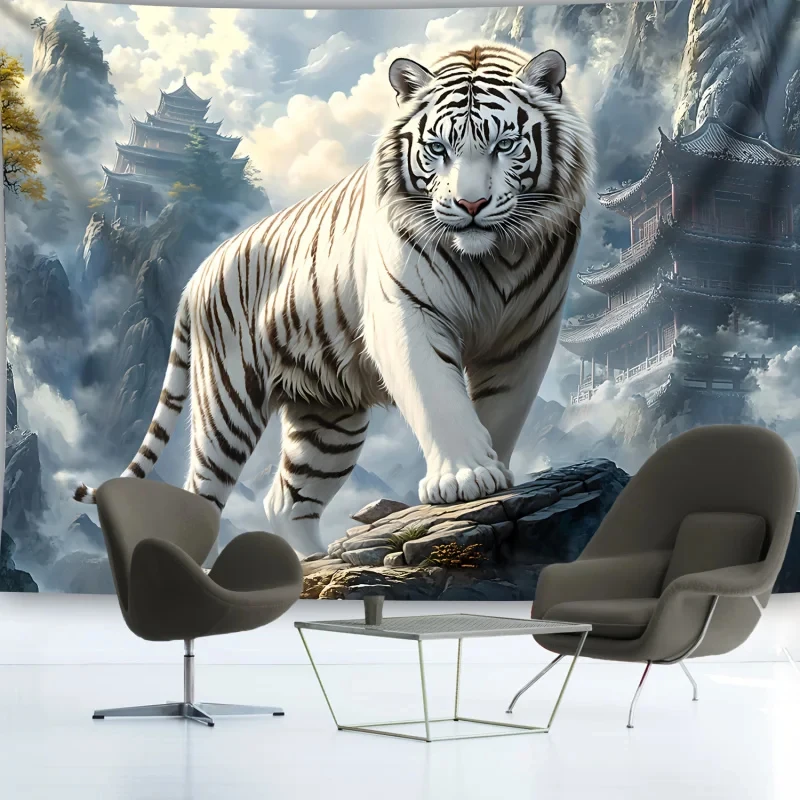 VIKAMA White Tiger Tapestry Chinese Style Mountain Temple Nature Scenery Wall Hanging Aesthetic Decor for Bedroom Living Room