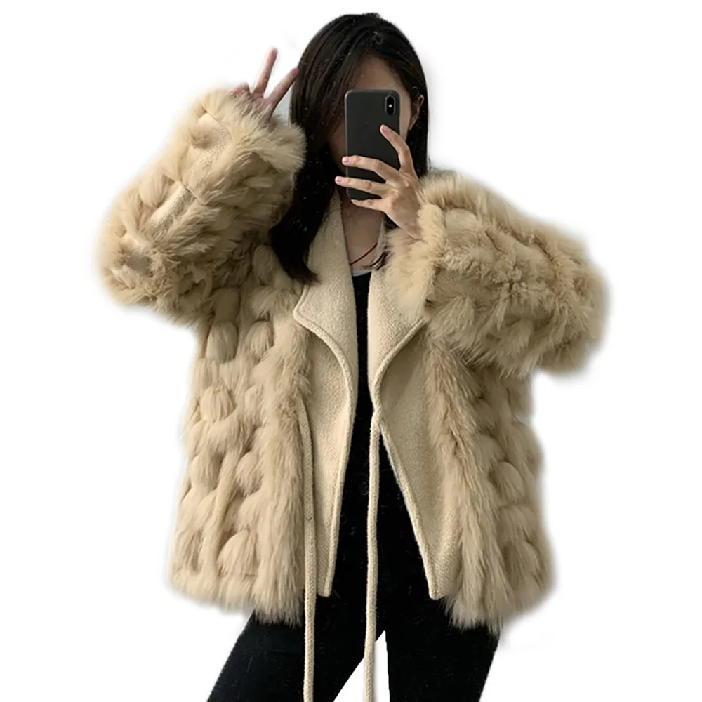 

Real Fox Fur Coat Women 2022 Autumn Winter Knitted Thick Warm New Fashion Belt Cardigan Jacket blended Turn Down Collar