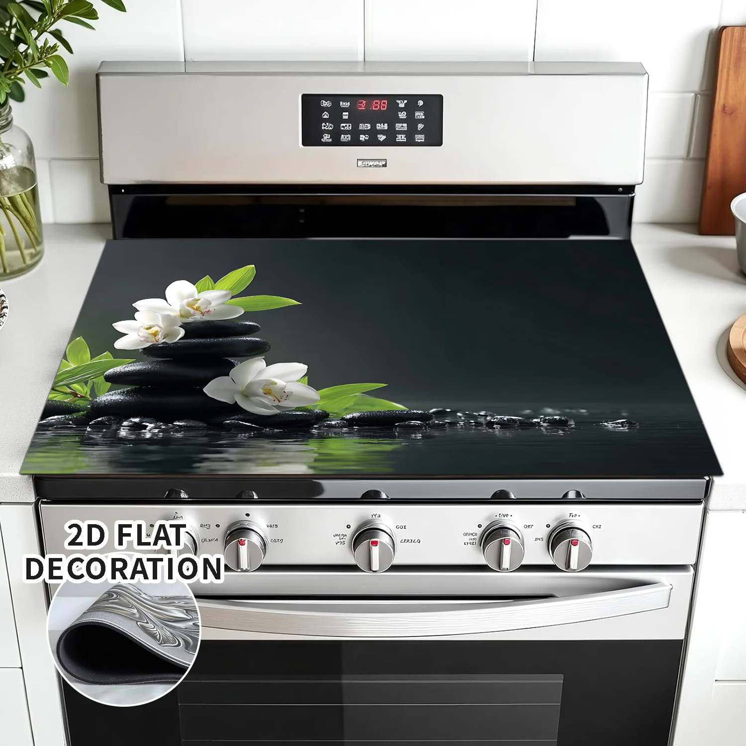 Calming Zen Stones Orchid Stove Top Cover, Heat Resistant Non-Slip Mat, Easy Clean Kitchen Stove Decor for Electric & Gas Ranges