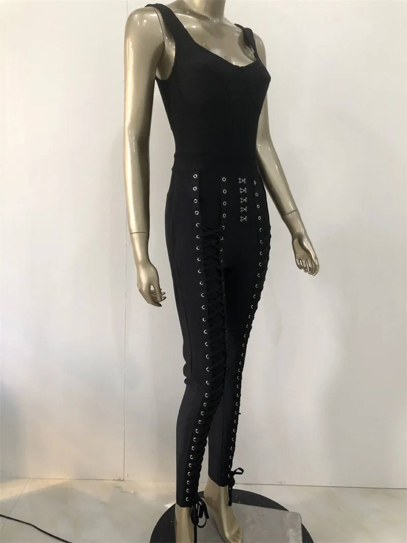 Träger lose Bandage Frauen Overall einzigartige zwei Schleifen enge Taille rücken freie Hose elegante ärmellose Spitze Bleistift hose neueste auf Lager