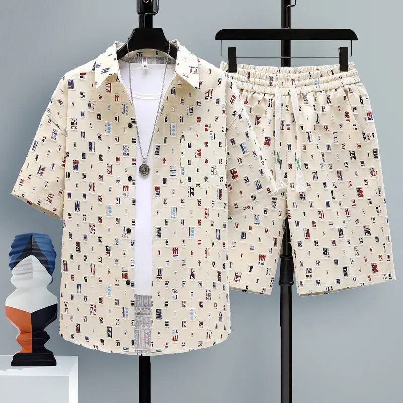 2025 Summer New Men's Short Sleeve Set with Fashionable Punch Design, 100% Cotton Fabric, Casual Two Piece Set