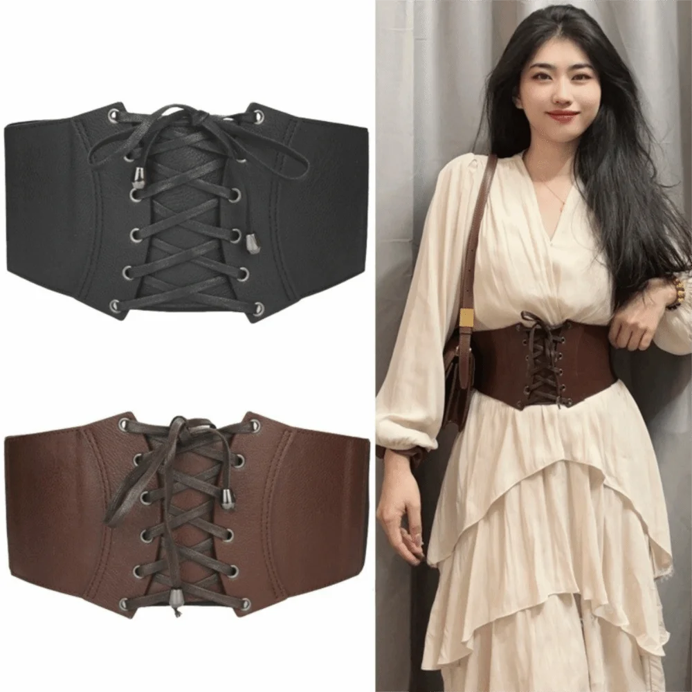 Gothic Spicy Girl PU Leather Corset Solid Color Elastic Wide Belt Slimming Waistband Western Cowboy Belt Ladies