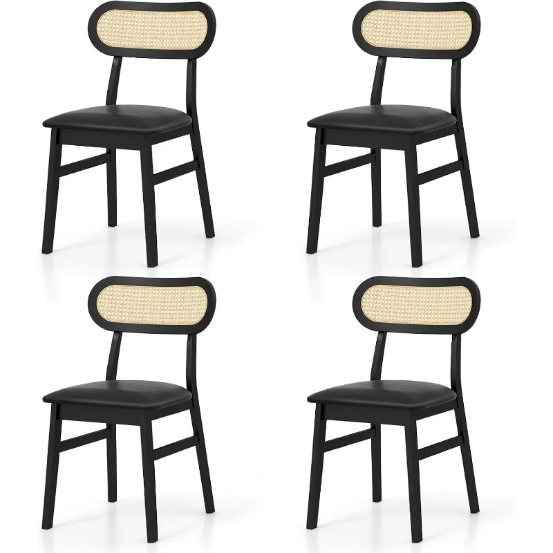 Set di sedie da pranzo in legno, cucina moderna di metà secolo con sedile imbottito e schienale in rattan, rivestimento in ecopelle, senza braccioli