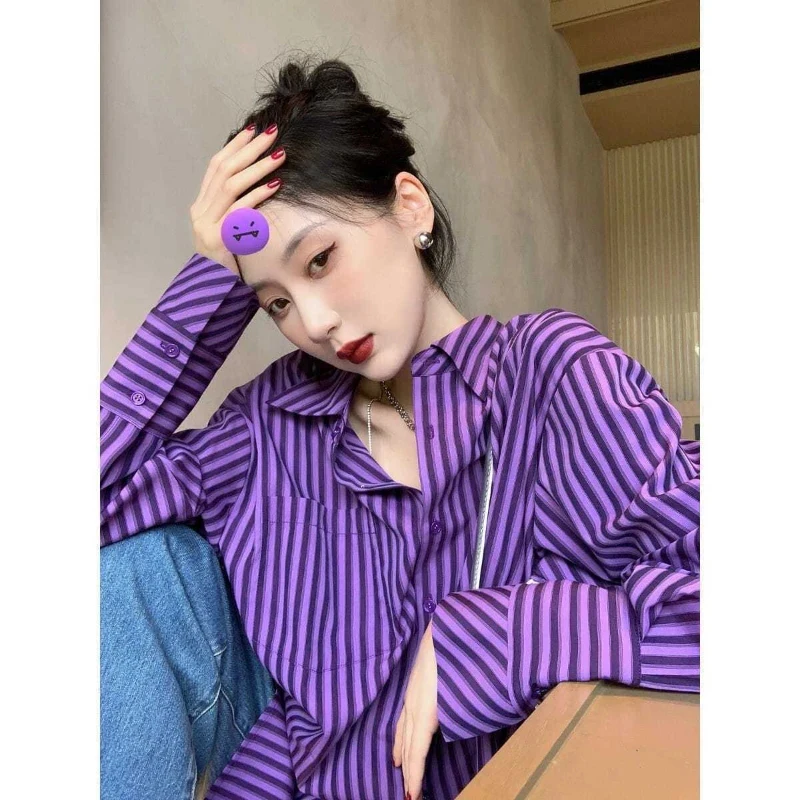 MEXZT Streetwear Striped Shirts Women Korean Oversized Long Sleeve Blouses Bf Office Lady Harajuku Vintage Casual All Match Tops