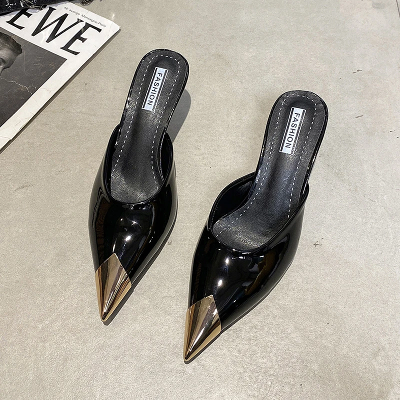 

Мюли женские классические, сланцы, повседневные туфли на тонком высоком каблуке, металлический носок, заостренный носок, однотонные, летние Тапочки