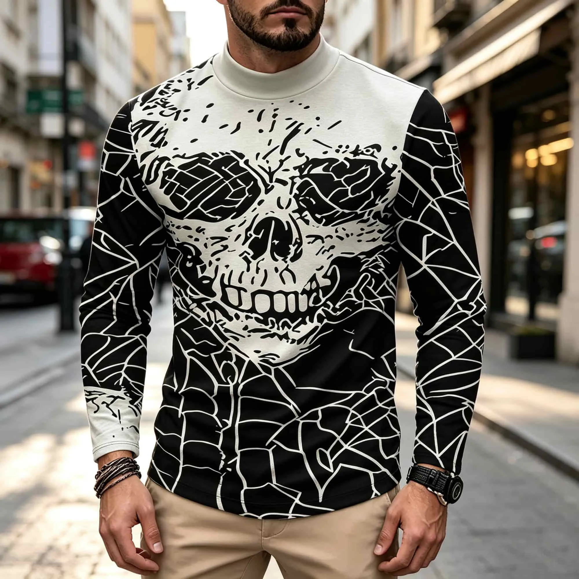 Grunge‑Art Inspired Men’s Long‑Sleeve Pullover Fragmented Skull Shattered  Motif Mock‑Neck Statement‑Making Shirt