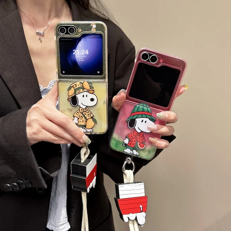 

Cute mango watermelon cartoon Snoopy Sparkling Folding Phone Case for Samsung ZFlip 5 6 7 zflip5/6/7 Funny fruit Snoopy Cover