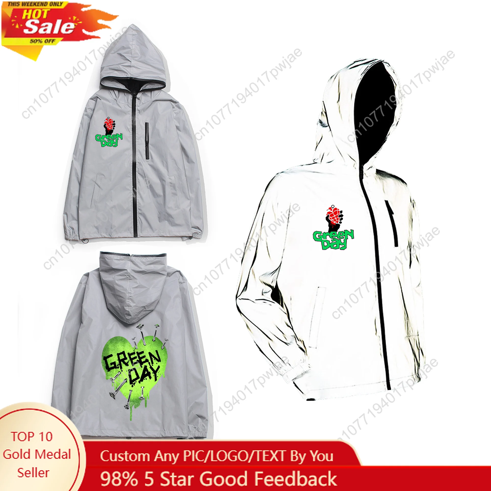 

Green Day Pop Rock Band Reflective Jacket Mens Womens Coat Hooded Windbreaker Run Pocket Jackets Hiking Zipper Customized Hoodie