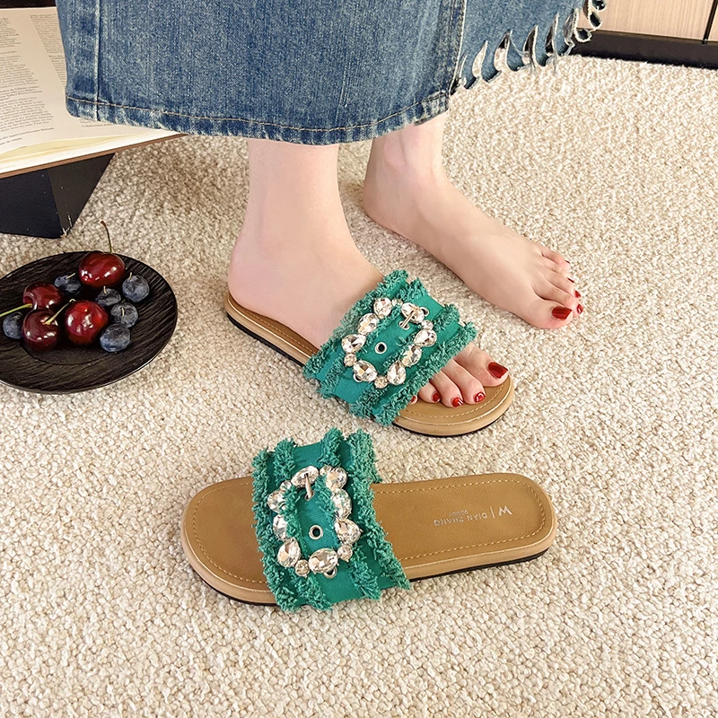 

Style Internet-Famous Charming Flats for Women - Rhinestone-Embellished Hot-Selling Stylish One-Strap Slide Sandals