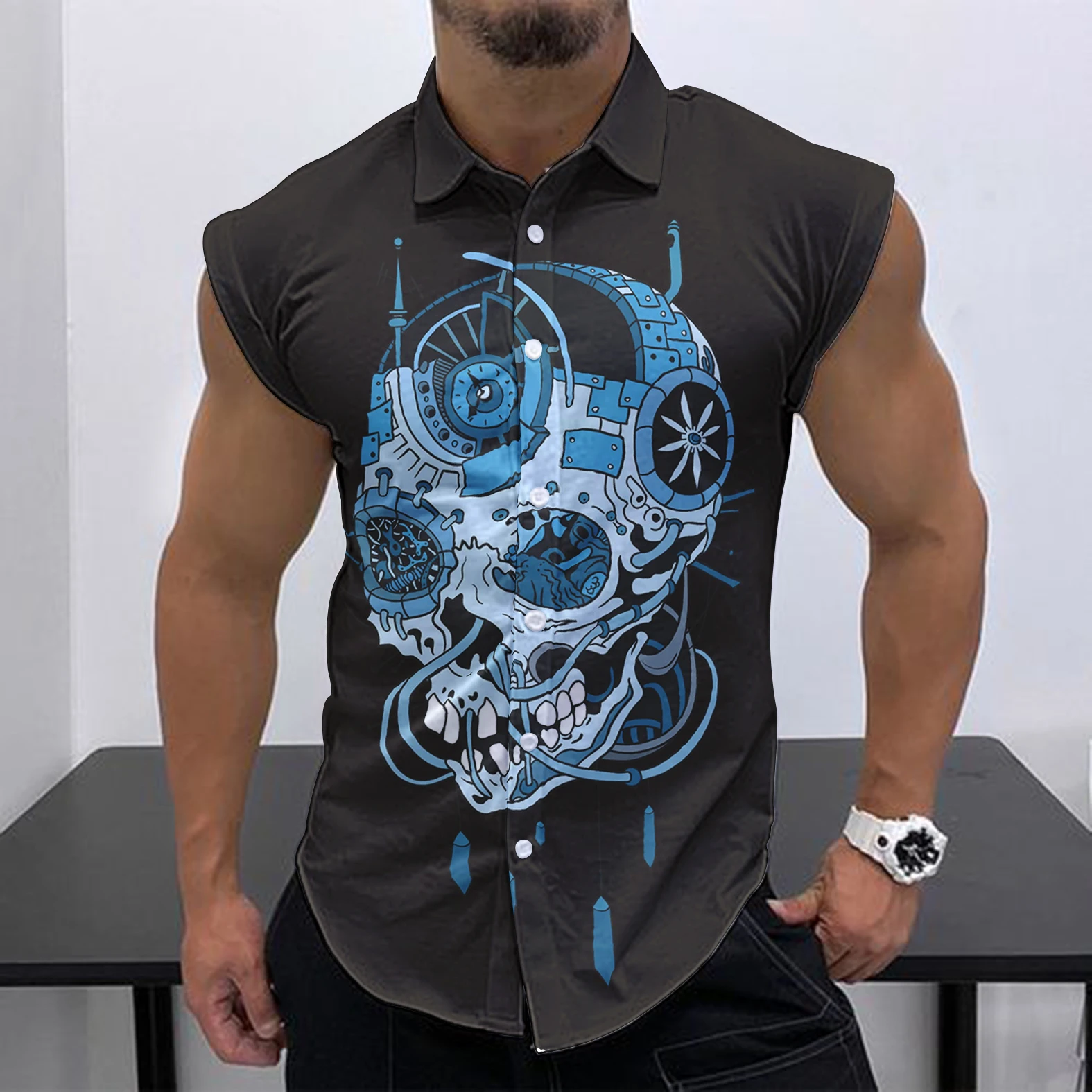 2023 Summer New Men\'s Sleeveless Shirt Fashion Street Leisure Beach Holiday Party Fashion Skull HD 3D Print Quick Dry Shirt