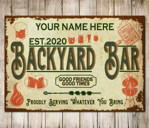 Personalised Cocktail Proudly Serving Backyard Bar Sign Wall Decor Metal Plaque