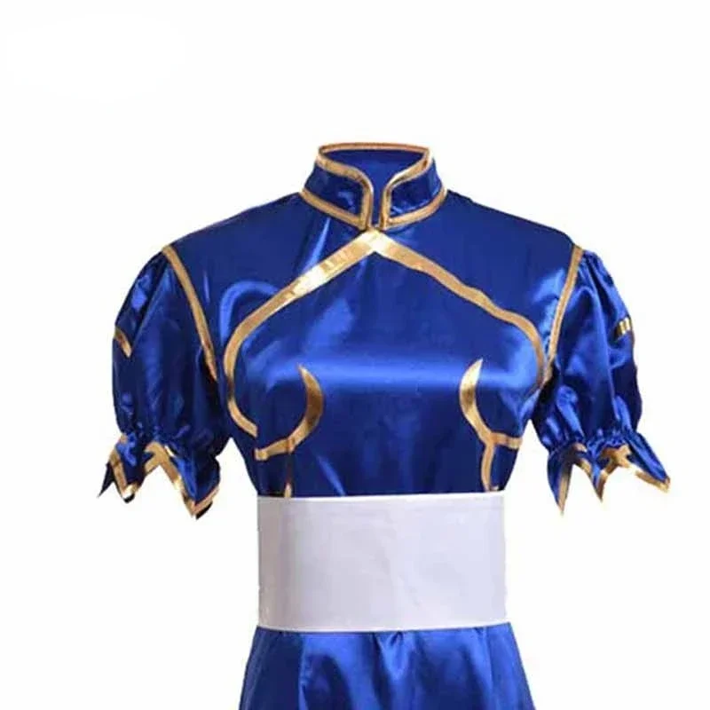 Spiele Chun Li Cosplay Kostüme Sutorito Faita blau Cheong sam Kleid Gürtel Kopf bedeckung mit Frauen Mädchen Kleidung Halloween Party