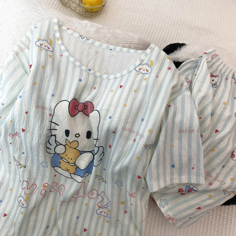 الصيف مرحبا كيتي الكرتون لطيف فتاة نسخة فضفاضة جولة الرقبة بدلة قصيرة مزدوجة