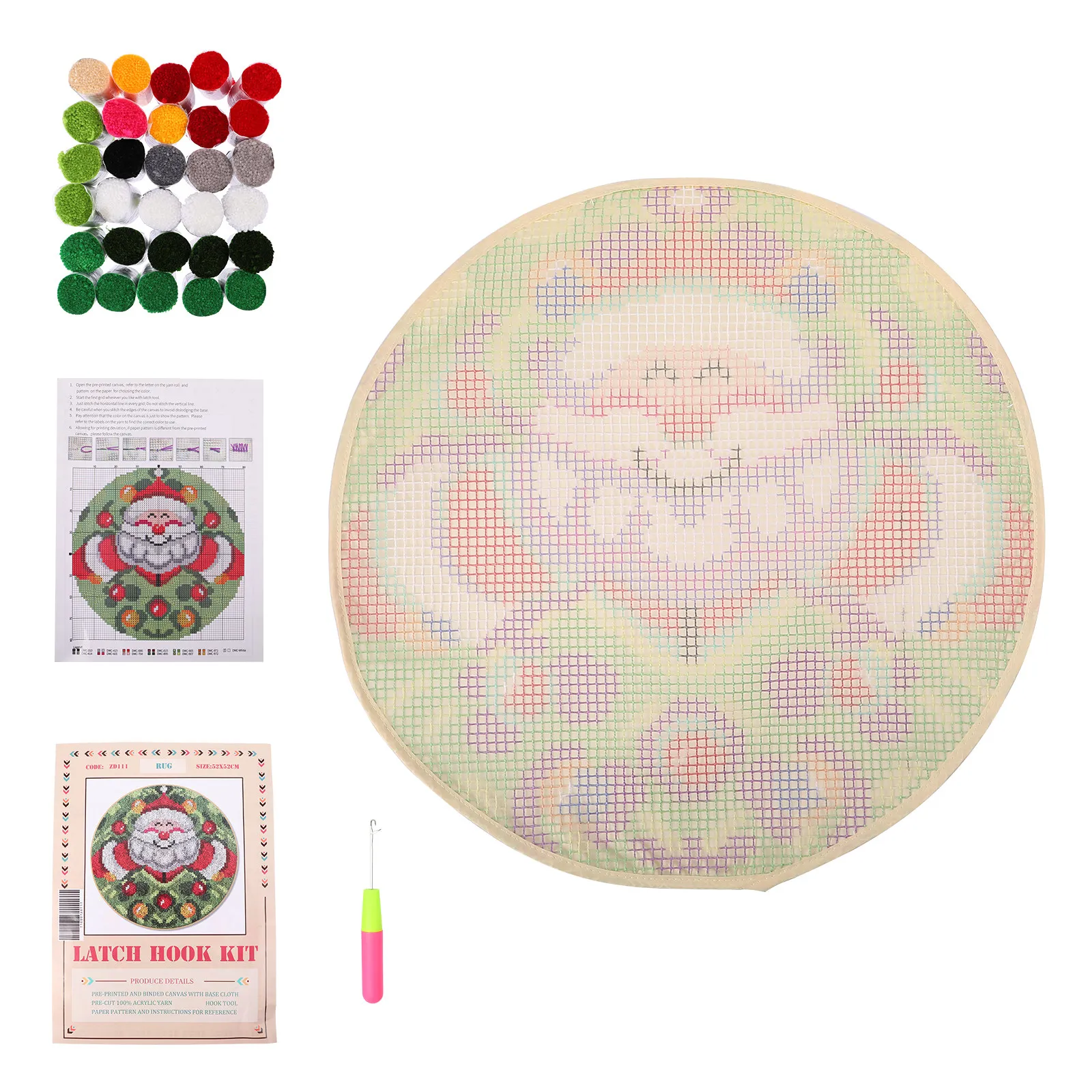 

1 Set Santa Printed Latch Hook Kit Christmas Diy Carpet Material Acrylic Threads Colorful Mesh Edging Crocheting Craft Rug Kit
