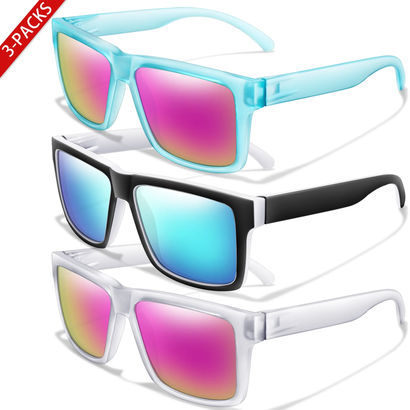 Lunettes de soleil polarisées carrées classiques pour hommes et femmes, Protection UV, lentilles colorées pour le cyclisme en plein air, la pêche et la conduite, 3 pièces