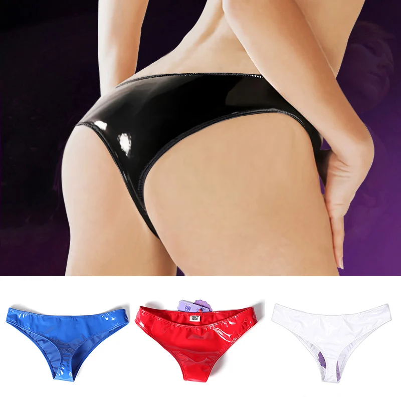 Men Women Sexy Latex Leather Shiny Wet Look Panties Low Waist Sexy Bikini Thong Brief Clubwear Glossy Thong