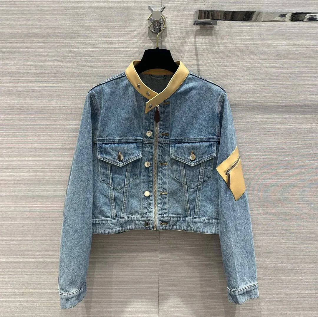 2024 New Spring Fashion Blue Denim Jacket Women Stand Collar Long Sleeve Leather Pocket Patchwork Vintage Loose Short Coat