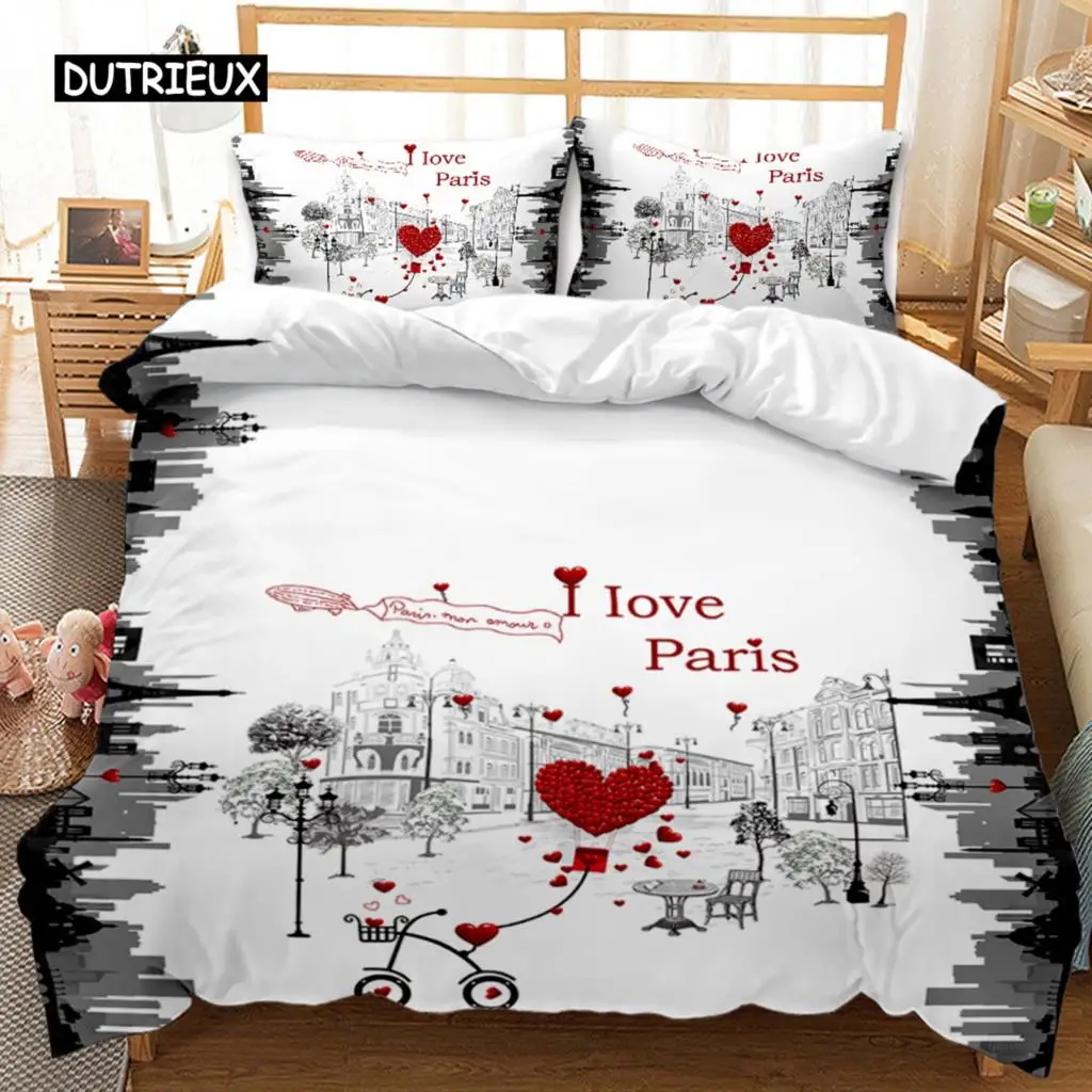 

British Style Duvet Cover Set Cartoon Small Fresh I Love Paris Bedding Set for Kid Teen Polyester Paris Street Scene Quilt Cover