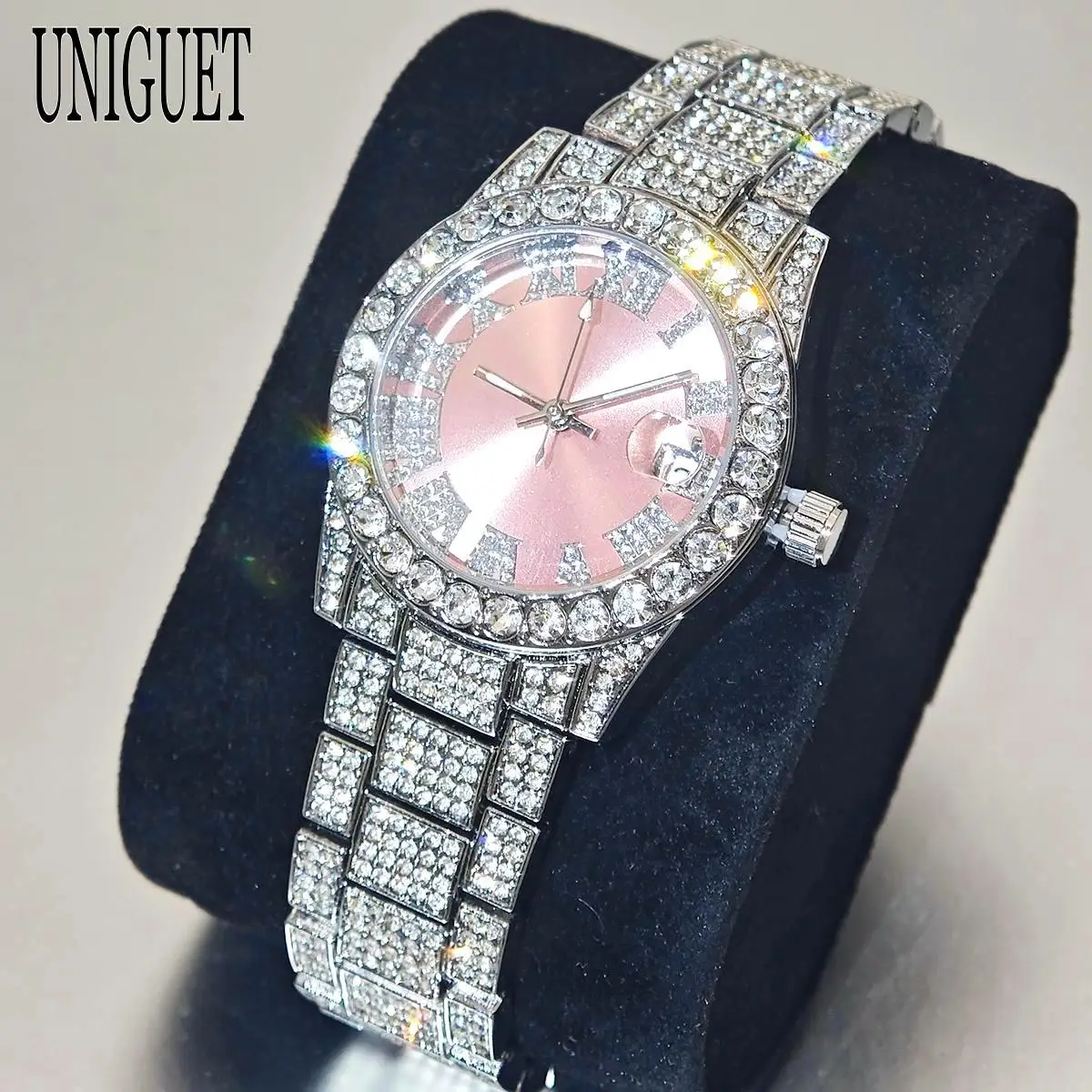 UNIGUET Pink Watches Women Luxury Elegant Jewelry Quartz Watch For Ladies Fashion Full Diamond Bling Clock Girl Dropshipping