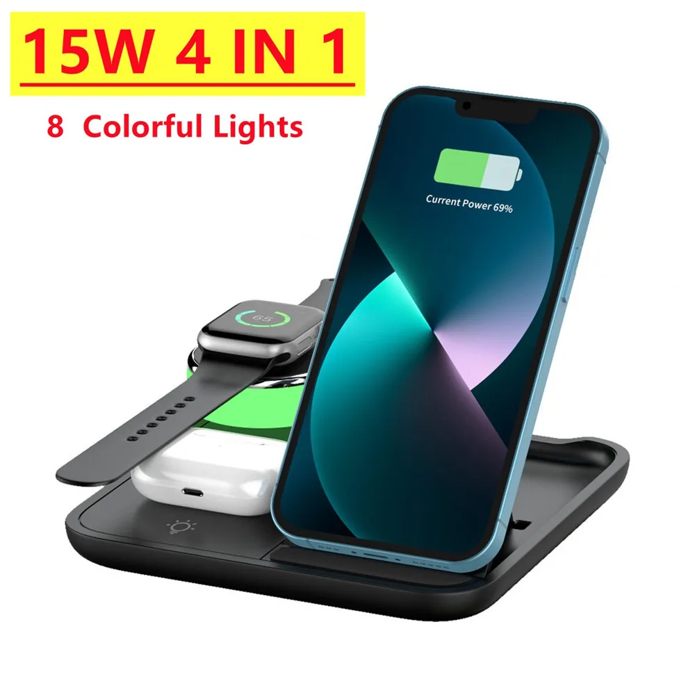 4 in 1 Foldable Wireless Charger Stand 8 Colorful Lights Fast Charging Station For iPhone 14 13 12 Pro Max Apple Watch 7 Airpods