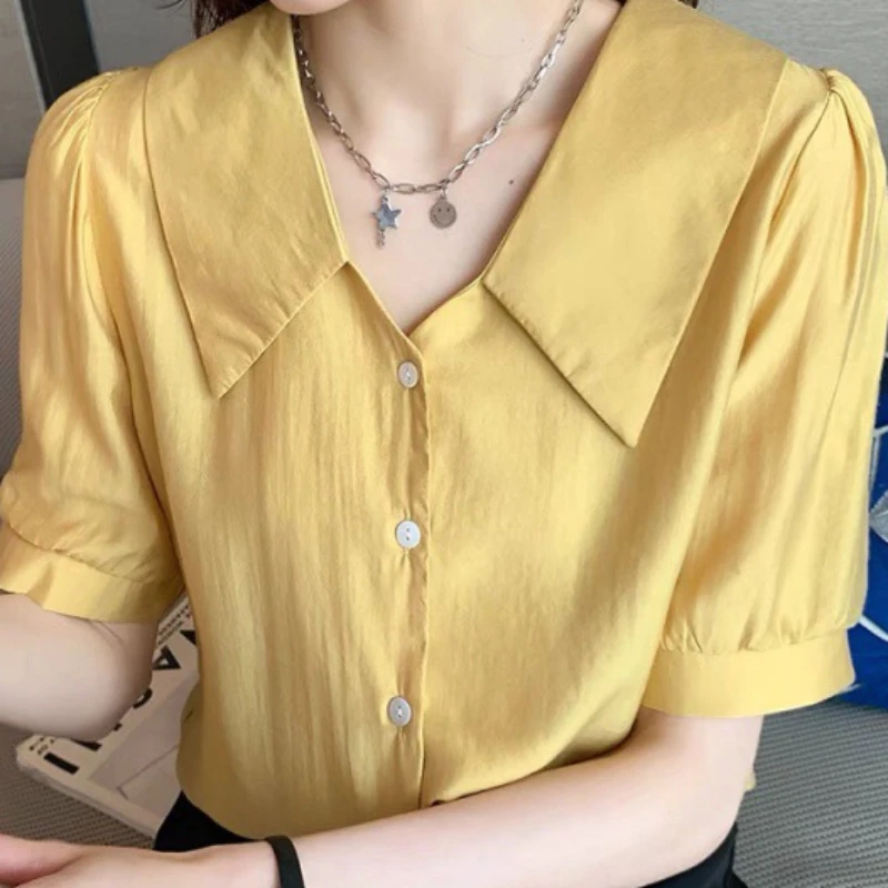 Women Shirt Elegant Delicate Tender Office Lady Summer Lightweight Pure Commuting Korean Style Turn-down Collar Button Classical