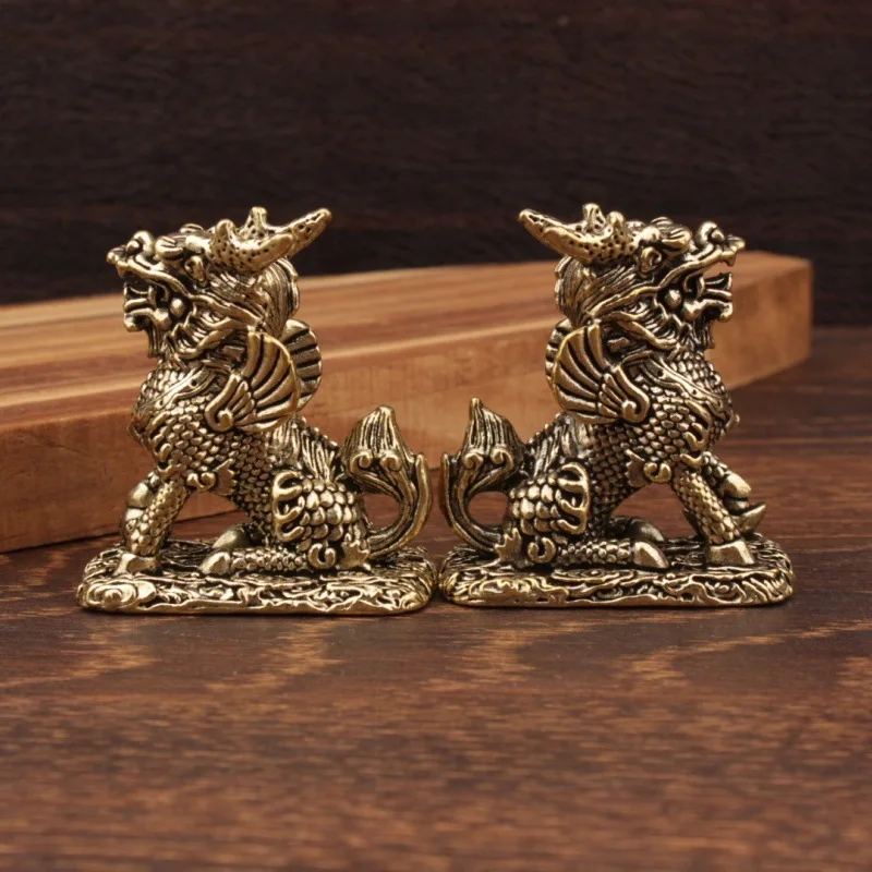 Mini Retro Brass Golden Kylin Figurine Feng Shui Mascot Statue Model Art Craft Desk Decor Good Fortune Ornament Lucky Gift