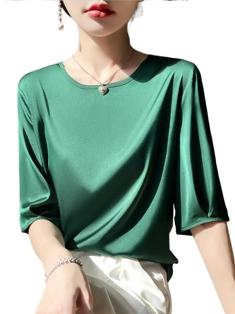 

Plus size women Fashion Elegant Ice Silk Acetate Satin Shirt office women minimalist synthetic silk mid sleeved tops blouse