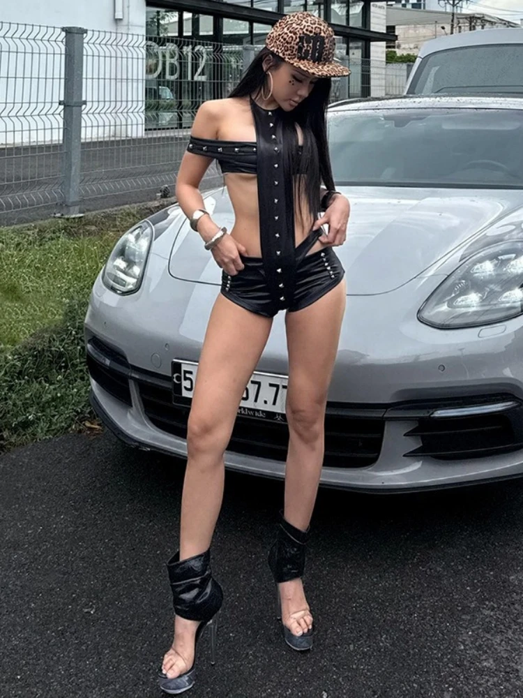 Solid Color Bodysuit Rivet One-pieces Lingerie Sexy Tops Women Y2k Clothes Neck-mounted Bustier Rave Outfit Skinny Body Feminino