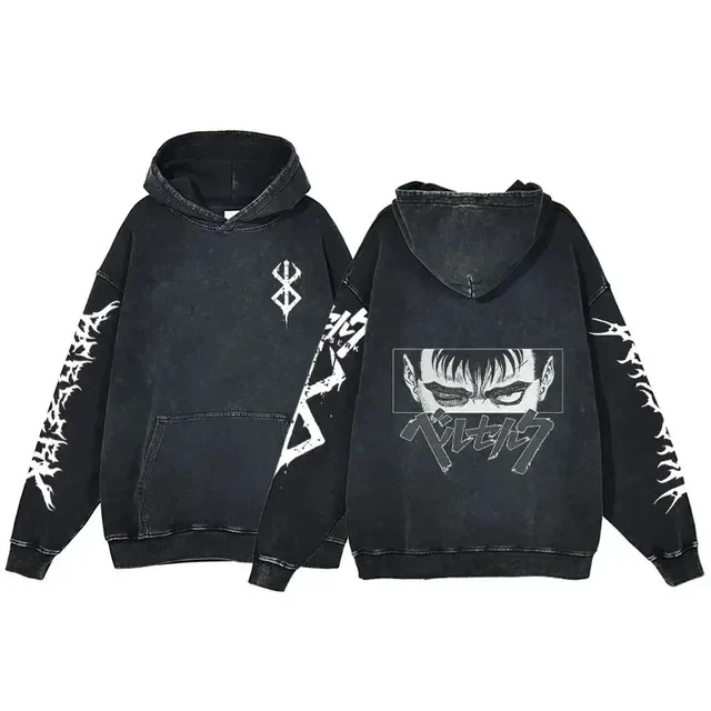 Anime Berserk Retro Washed Hoodies 100% Cotton Tops Black Acid Vintage Hooded Sweatshirts Oversize Hip Hop Male Pullover