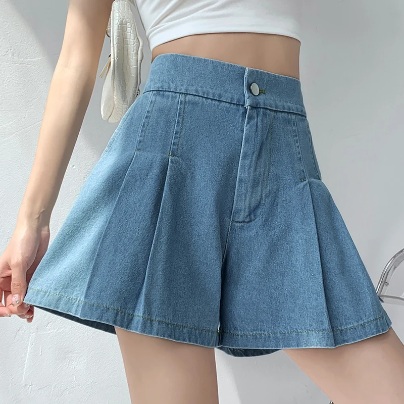 High Waist Wide Leg Jeans Women Oversize Elastic Waist Pleated Blue Denim Shorts Pocket Skirt Casual Shorts Skirts Clothing New