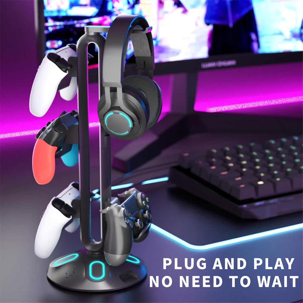 

Подставка для наушников ABJU Gaming RGB, держатель контроллера — подставка для гарнитуры с 2 USB-портами для зарядки, 3,5 мм и Type-C