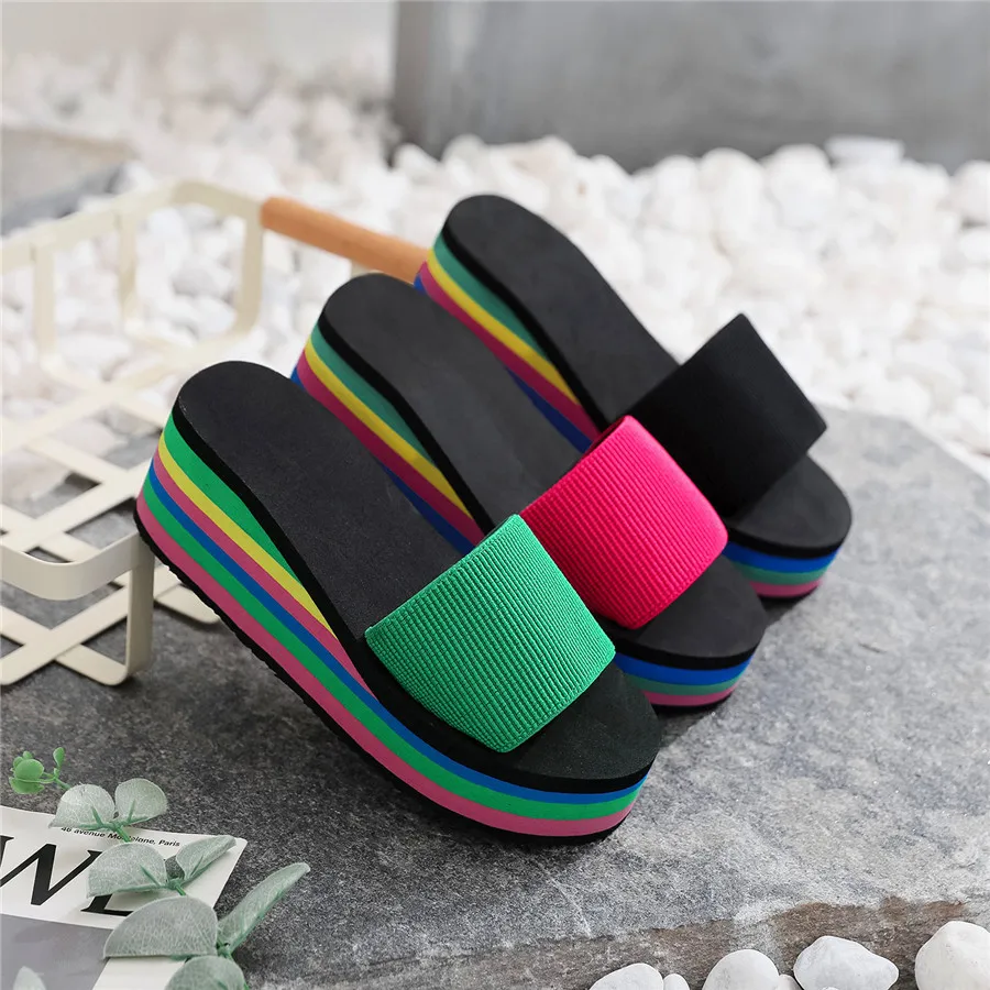 Summer Women Rainbow Bohemian Clip Toe Flip Flops Non-slip Wedges Slippers Beach Shoes Fashion Beach Sandals Female Slippers