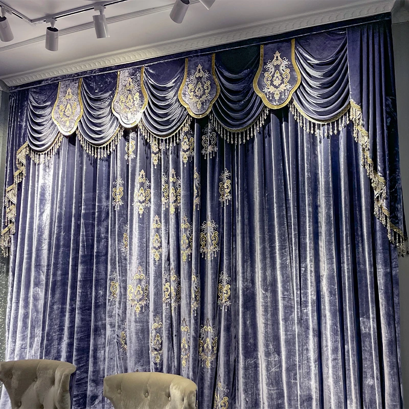 Purple High-grade Embroidery Velvet Splicing Thickened Blackout Curtains for Living Room Bedroom French Custom Window Screen