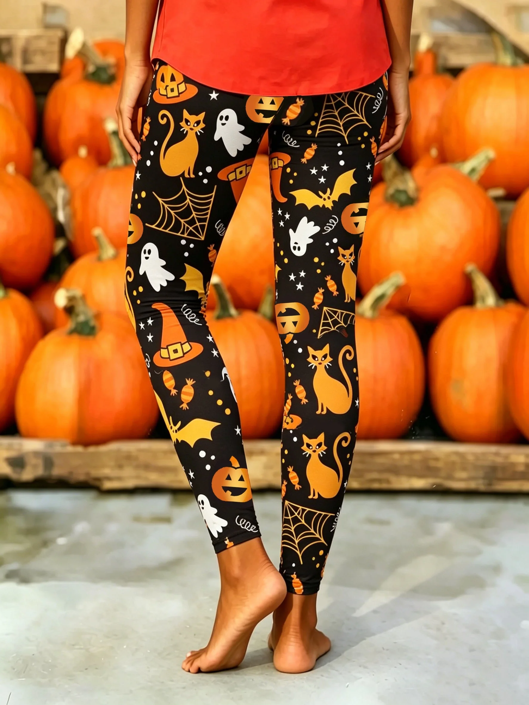 Women Fleece Lined Leggings Halloween Ghost Pumpkin Cat Print Stretch Warm Casual Long Pants