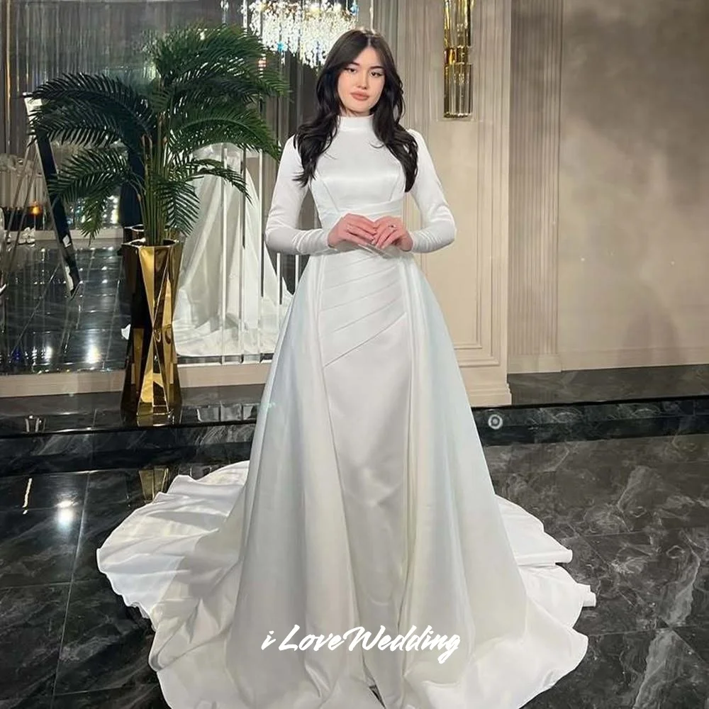 Simple High Neck Wedding Dresses 2025 Long Sleeve Mermaid Trailing Arabic Bridal Gowns Muslim Dubai Simple Pleated Customized