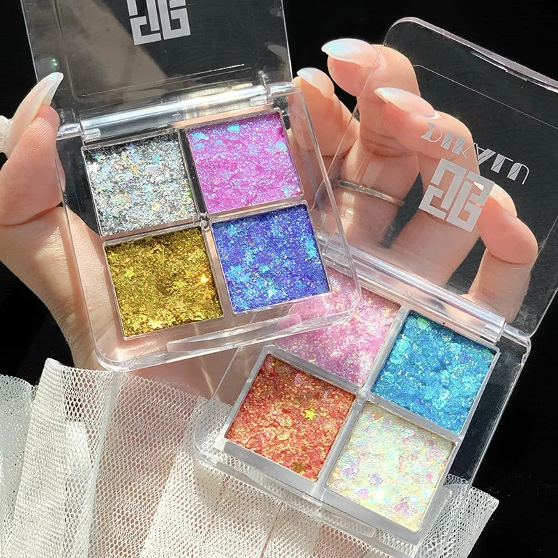 Palette de fards à paupières à paillettes 4 couleurs, nuances citrouille et cerise, tons bleu/or/jaune pour maquillage de cosplay et de fête, vente claire Mini