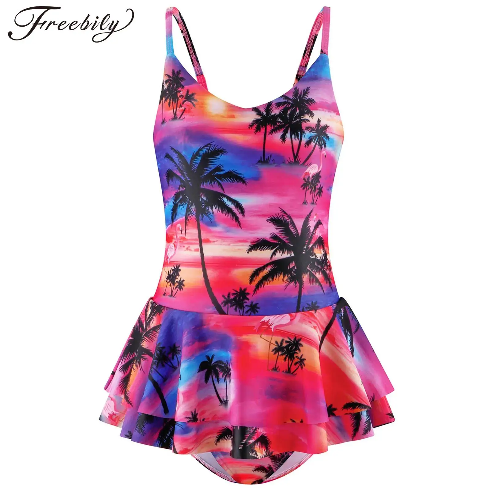 Kids Girls One Piece Swimsuit Flamingo Print Ruffle Swim Dress Jumpsuit Surfing Diving Bathing Suit Hawaii Swimwear for Holiday